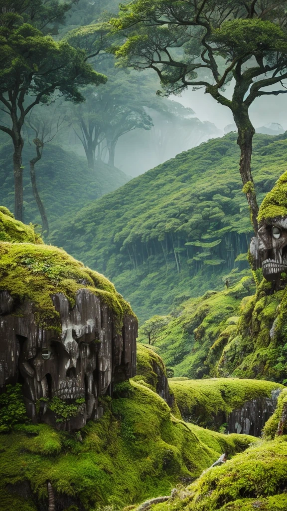 "A bird's-eye view of a mountain ridge with a line of massive, 50-meter-tall grotesque statues resembling skeletons, each covered in moss and vines. These towering statues are lined up along the mountain peaks, following the natural curve of the terrain. The statues have eerie, hollow eyes and decayed features, creating a haunting and unsettling atmosphere. The scene is set on a misty mountain top, with lush, green foliage covering the mountainside. The perspective emphasizes the enormous height of the statues and their endless line stretching along the ridge, blending seamlessly into the rugged landscape and evoking a sense of awe and fear. The image should be highly detailed, with realistic textures and lighting, capturing the depth and intricacies of the statues and the surrounding natural environment in 4K quality."