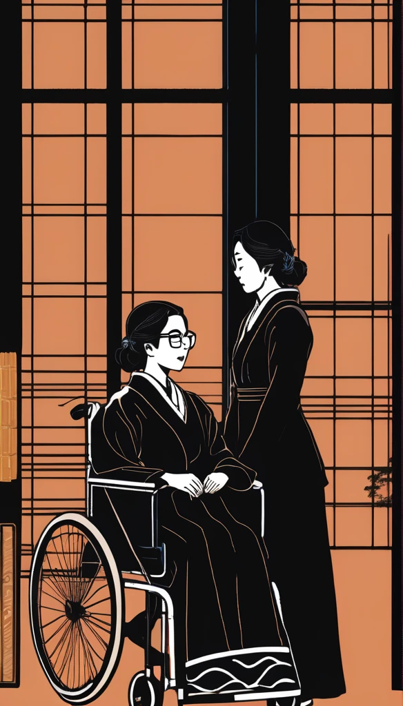 Japanese female, High glasses, wheelchair