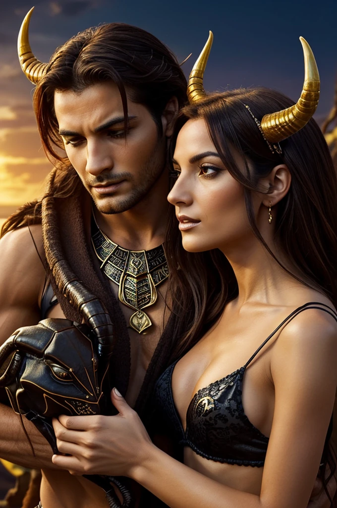 Please create an image where a Scorpio woman is dedicating a song to a Taurus man. The Scorpio woman should look passionate and mysterious. The Taurus man should look calm and somewhat distant, appreciating the gesture but not showing much interest. Use symbols for Scorpio (the scorpion) and Taurus (the bull). Do not put horns on the Scorpio woman.