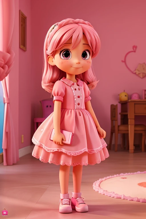 de 6 anos, branca, cabelos ondulada castanhos, vestido rosa