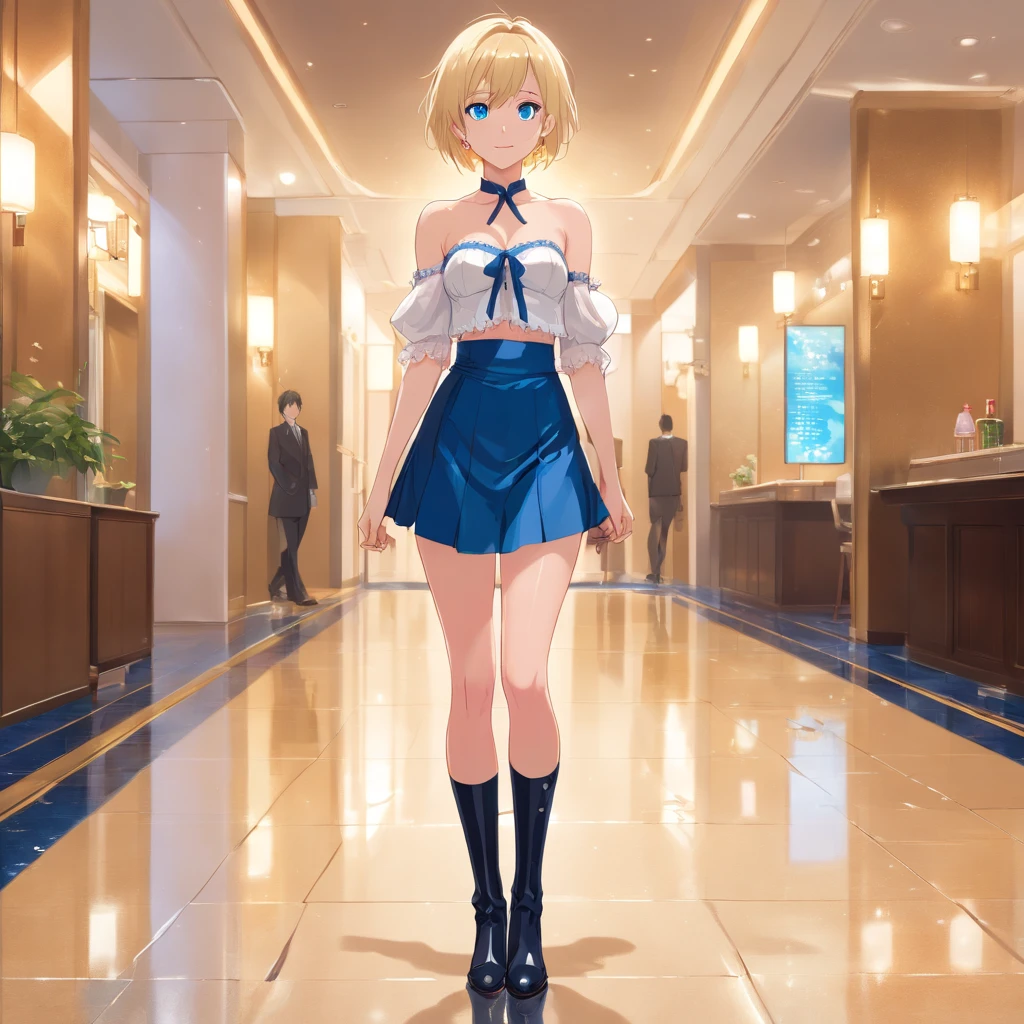 Women, ((Blonde)), ((Blue eyes)), ((Short hair)), ((Full shot)), very detailed makeup, pale pink lipstick, long earrings, standing in a hall of hotel, wearing a strapless lace bra, sexy latex undewear, black boots with heels, ((wet Floor)) ((Full Body))