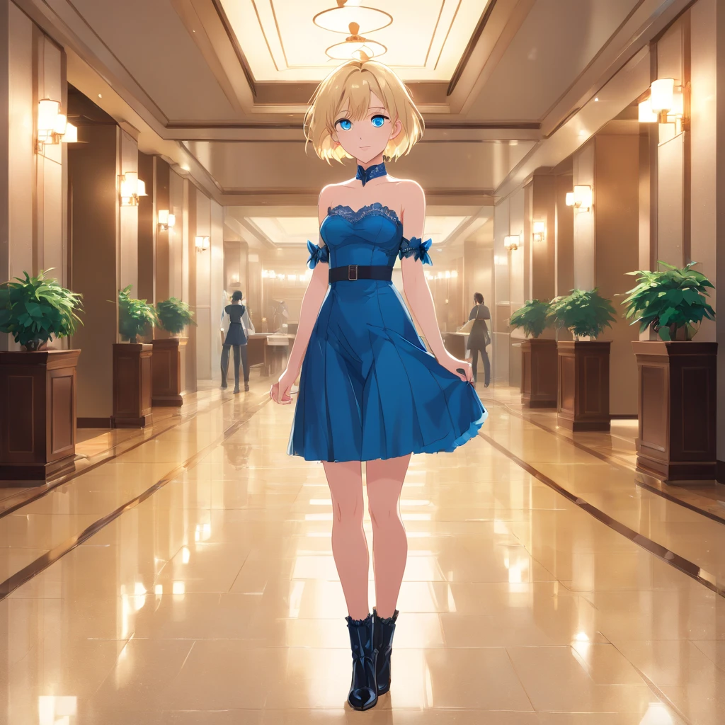 17 years old Women, ((Blonde)), ((Blue eyes)), ((Short hair)), ((Full shot)), very detailed makeup, pale pink lipstick, long earrings, standing in a hall of hotel, wearing a strapless lace bra, sexy latex undewear, black boots with heels, ((wet Floor)) ((Full Body))