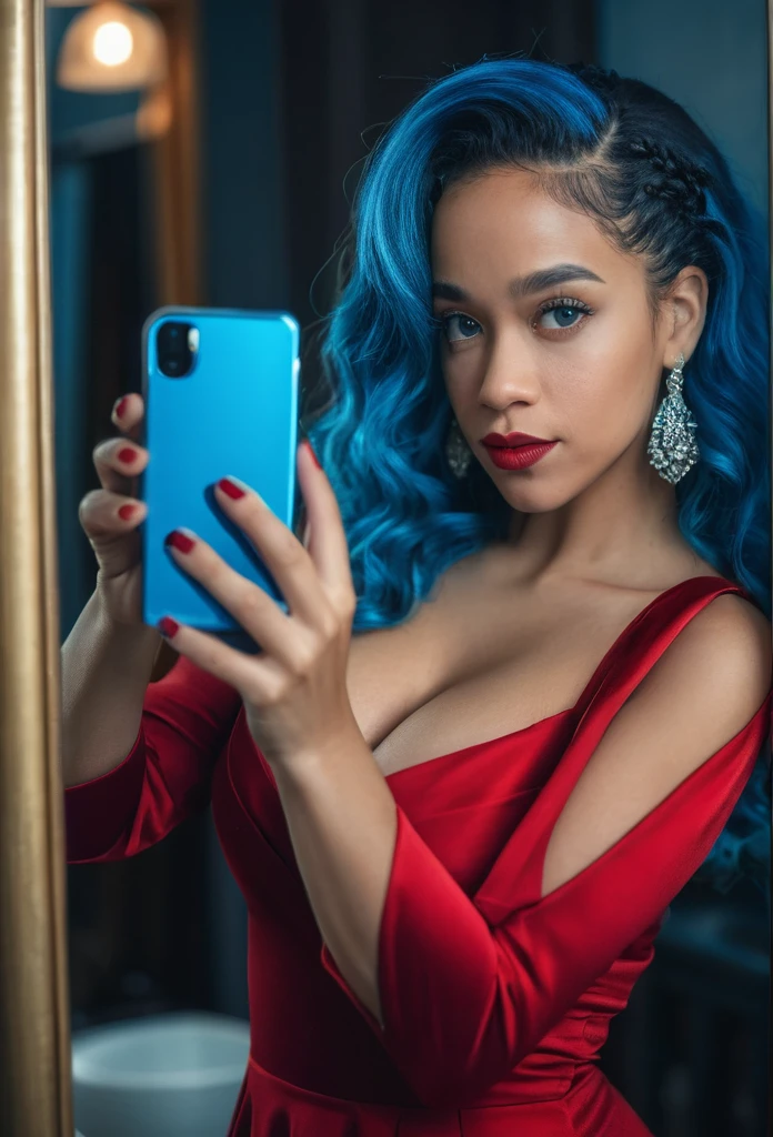 a beautiful biracial woman, a full red dress, holding a phone in her hand to take a picture, in front of a mirror, blue hair, blue eyes, large breasts, 8k, portrait, masterpiece, ultra-detailed, cinematic lighting, dramatic colors, warm tones, dynamic pose, looking at the camera, focused expression
