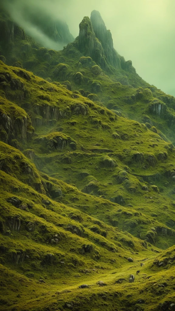 "A bird's-eye view of a mountain ridge with a line of massive, 50-meter-tall grotesque statues resembling skeletons, each covered in moss and vines. These towering statues are lined up along the mountain peaks, following the natural curve of the terrain. The statues have eerie, hollow eyes and decayed features, creating a haunting and unsettling atmosphere. The scene is set on a misty mountain top, with lush, green foliage covering the mountainside. The perspective emphasizes the enormous height of the statues and their endless line stretching along the ridge, blending seamlessly into the rugged landscape and evoking a sense of awe and fear. The image should be highly detailed, with realistic textures and lighting, capturing the depth and intricacies of the statues and the surrounding natural environment in 4K quality."