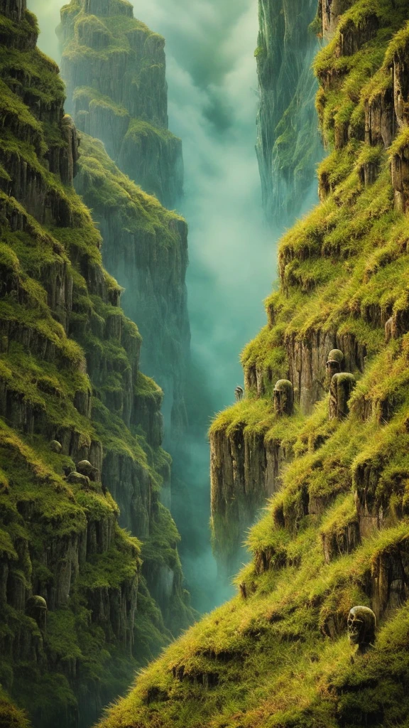 "A bird's-eye view of a mountain ridge with a line of massive, 50-meter-tall grotesque statues resembling skeletons, each covered in moss and vines. These towering statues are lined up along the mountain peaks, following the natural curve of the terrain. The statues have eerie, hollow eyes and decayed features, creating a haunting and unsettling atmosphere. The scene is set on a misty mountain top, with lush, green foliage covering the mountainside. The perspective emphasizes the enormous height of the statues and their endless line stretching along the ridge, blending seamlessly into the rugged landscape and evoking a sense of awe and fear. The image should be highly detailed, with realistic textures and lighting, capturing the depth and intricacies of the statues and the surrounding natural environment in 4K quality."