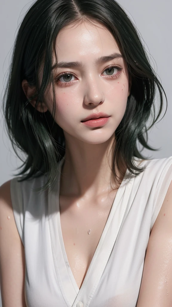 best quality, masterpiece, (lifelike:1.4), 1 17 year old girl, A faint smile, Dark green hair，White nurse uniform，Nipple protrusion，Wet，A lot of sweat，Marks，blushed skin，/Upscale，Height 175cm，Natural beautiful face，slim body，Pure white background，Fair and rosy skin，Messy Curls