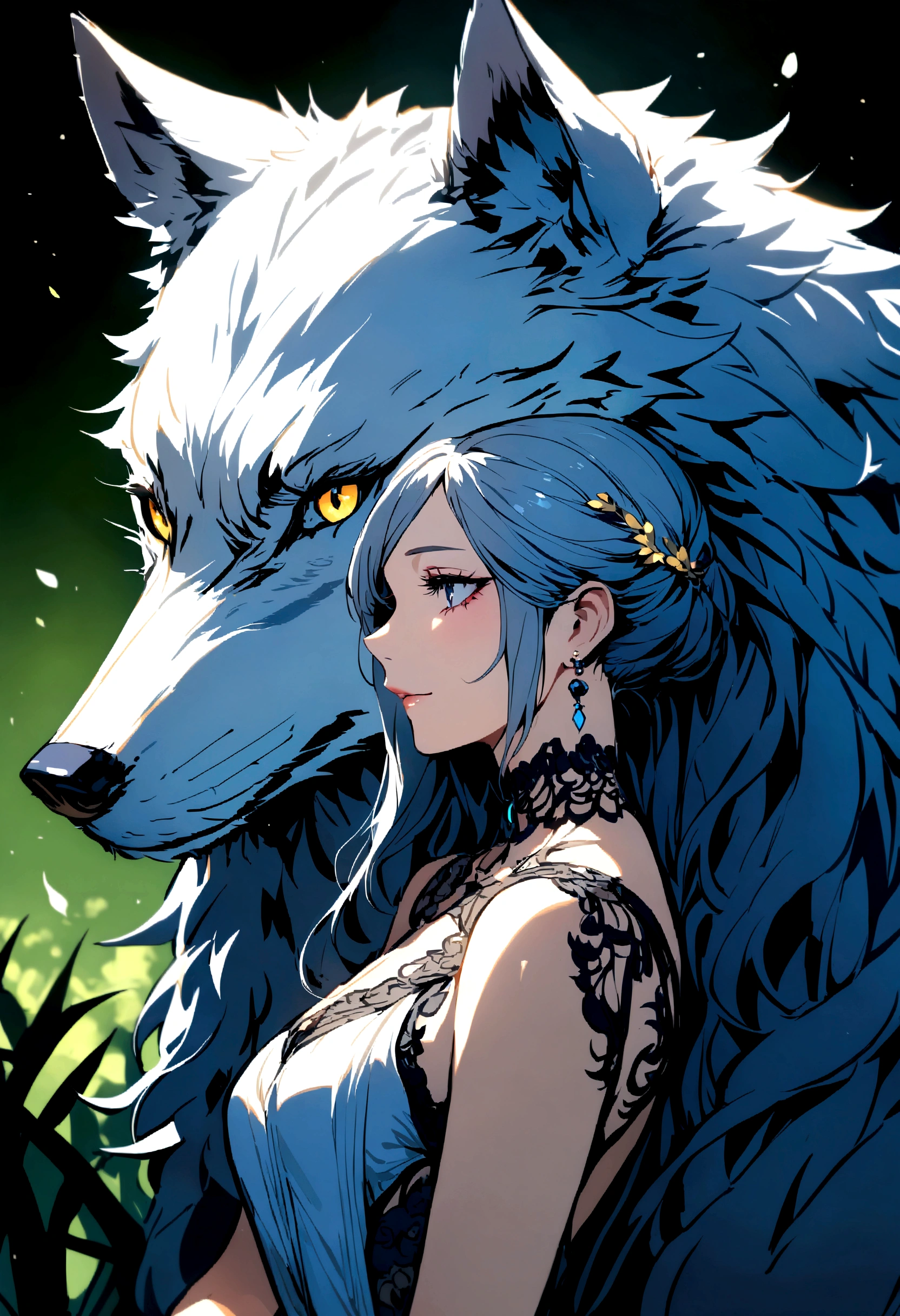a wolf, adult,  female, in the moonlight 