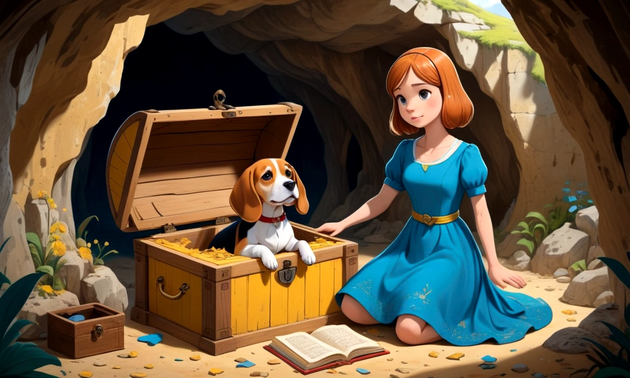 Show one with a blue dress and a beagle opening a wooden chest inside a cave. Inside the chest, there is one with yellowed pages, full of stories and drawings.