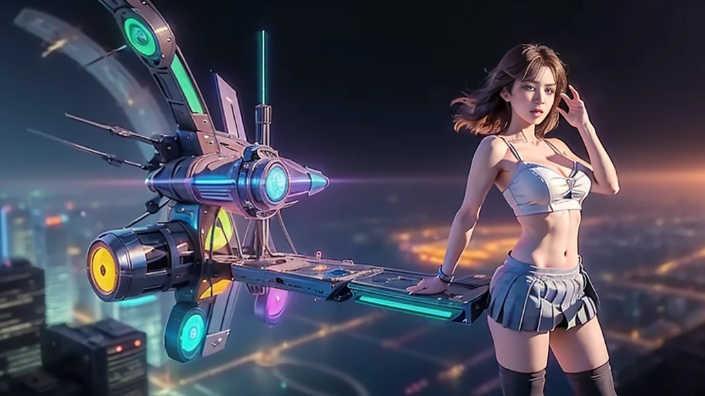 At night, (((aerial view of futuristic sci-fi cyberpunk city, skyscrapers, (((flying cars))), (vortex-spirit-spreading giant hologram (((clock tower))) as time machine), high quality))). Matrix style, (1girl, solo), photo realistic, (((large-breast:1.2 slim body, cleavage:1.3, perfect face, tube top, short pleated (((miniskirt)))))), (((((matrix style black (sunglasses), aiming at viewer with a (mini rifle):0.3))))), (((dynamic pose, half-body (thigh level) medium shot))), cinematic lighting.