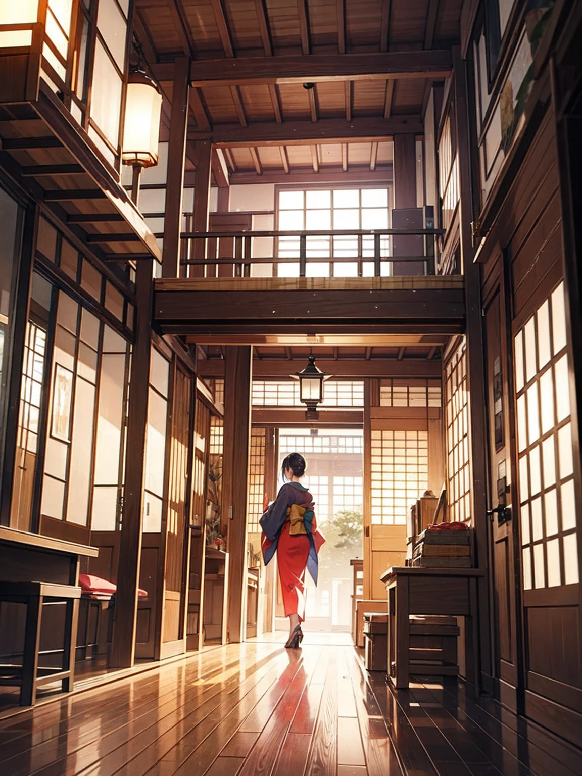 Wooden labyrinth, nape, Woman in kimono, Scenery of Kyoto townhouses, indoor, Hierarchy