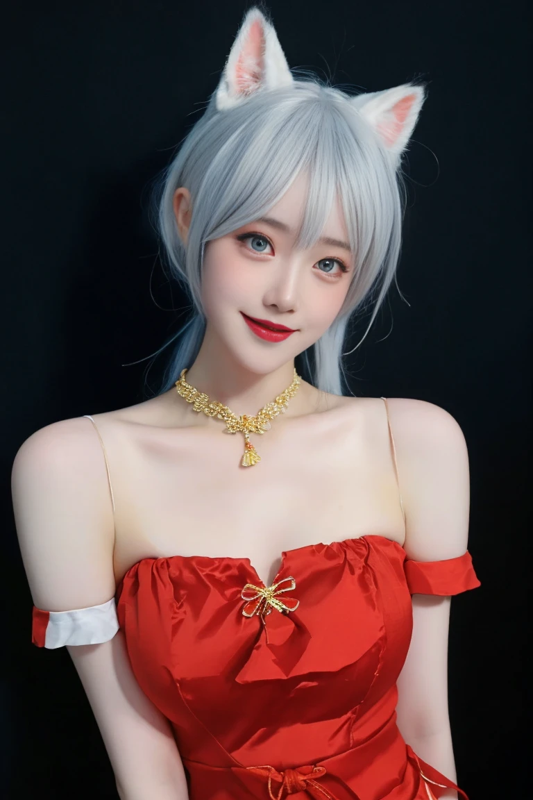 best quality, tmasterpiece,Ultra-high resolution,Clear face,（Reality：1.4），ferpect lighting，(upper body photo:1.5), (photorealistic:1.50), anime wallpaper, Guviz style artwork, cover-up fantasy up to magic , by Yang J, Guviz, beautiful artwork illustration, beautiful digital artwork, beautiful digital illustration, Li Song, beautiful anime portrait, art style in Beauvot, 1girl, standing, ninghongye,longzhidao,chinese clothes,china dress,ribbon,puffy short sleeves,corset,tassel,clothing cutout,pantyhose, (red dress:1.5), (Animal ears), (silver hair), indoor, room, Background inside the house, Up close, smile, looking at viwer,