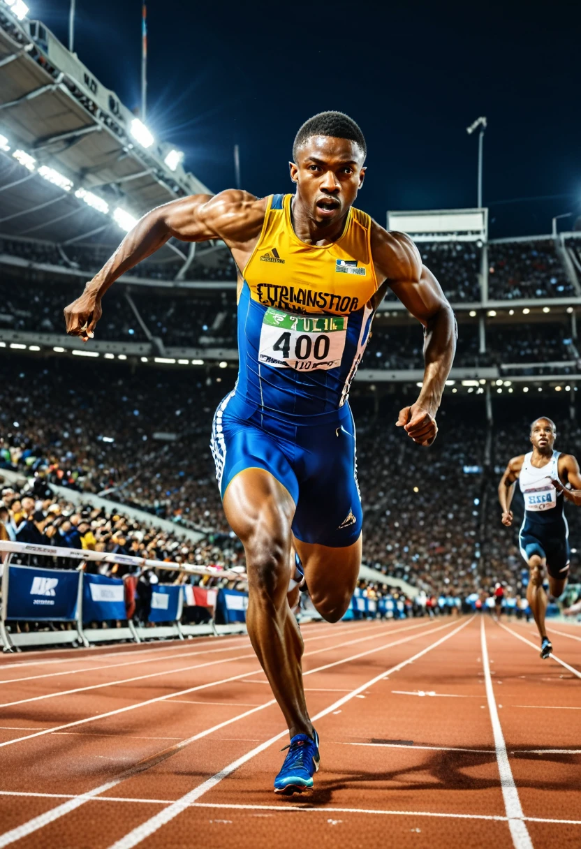 (Athlete), athlete in the 100 meter sprint is sprinting at full force on the track, with a determined expression on their face. The background is about to cross the finish line, full body, (Photography), panoramic view, award-winning, cinematic still, emotional, vignette, dynamic, vivid, (masterpiece, best quality, Professional, perfect composition, very aesthetic, absurdres, ultra-detailed, intricate details:1.3)