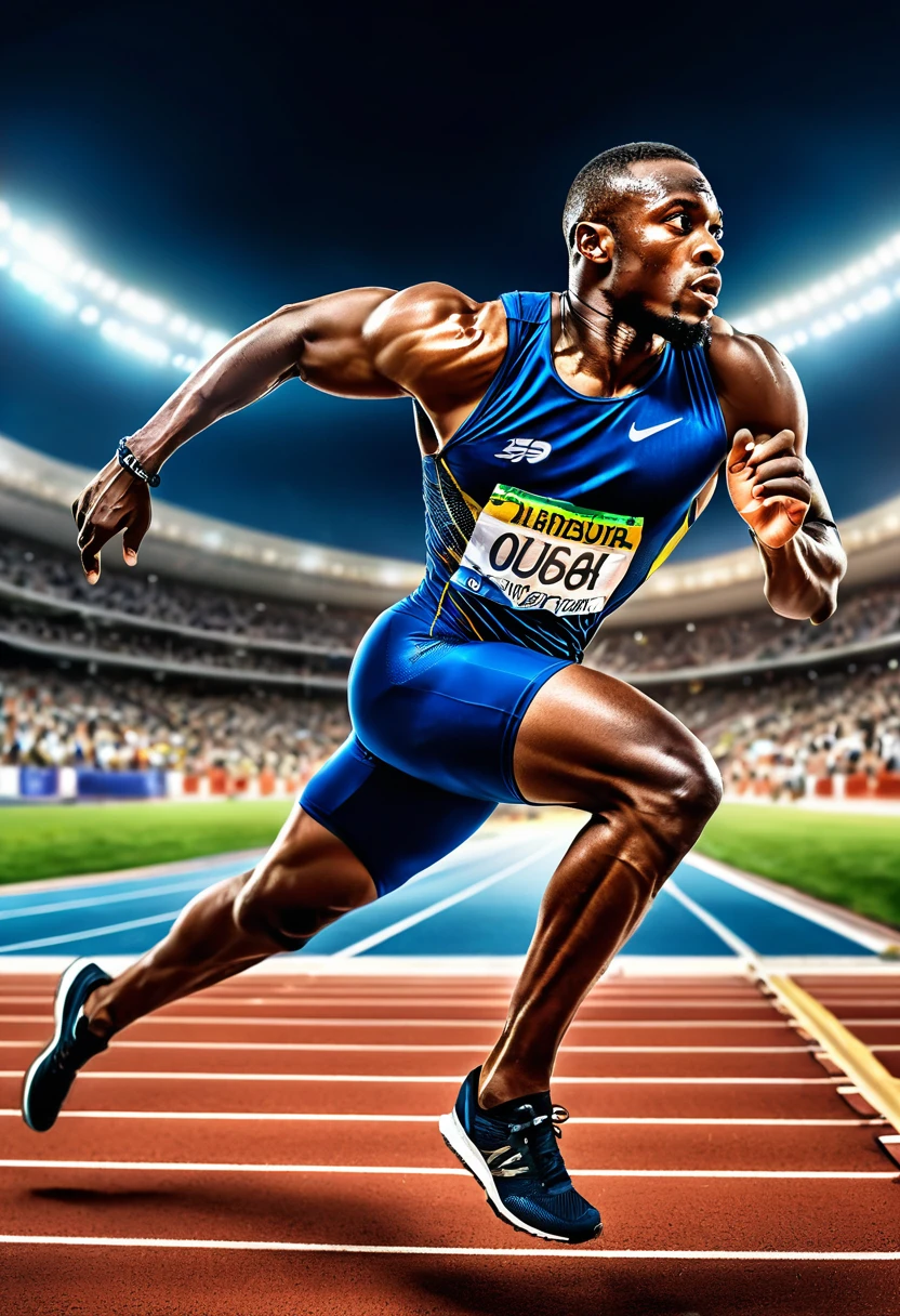 (Athlete), athlete in the 100 meter sprint is sprinting at full force on the track, with a determined expression on their face. The background is about to cross the finish line, full body, (Photography), panoramic view, award-winning, cinematic still, emotional, vignette, dynamic, vivid, (masterpiece, best quality, Professional, perfect composition, very aesthetic, absurdres, ultra-detailed, intricate details:1.3)