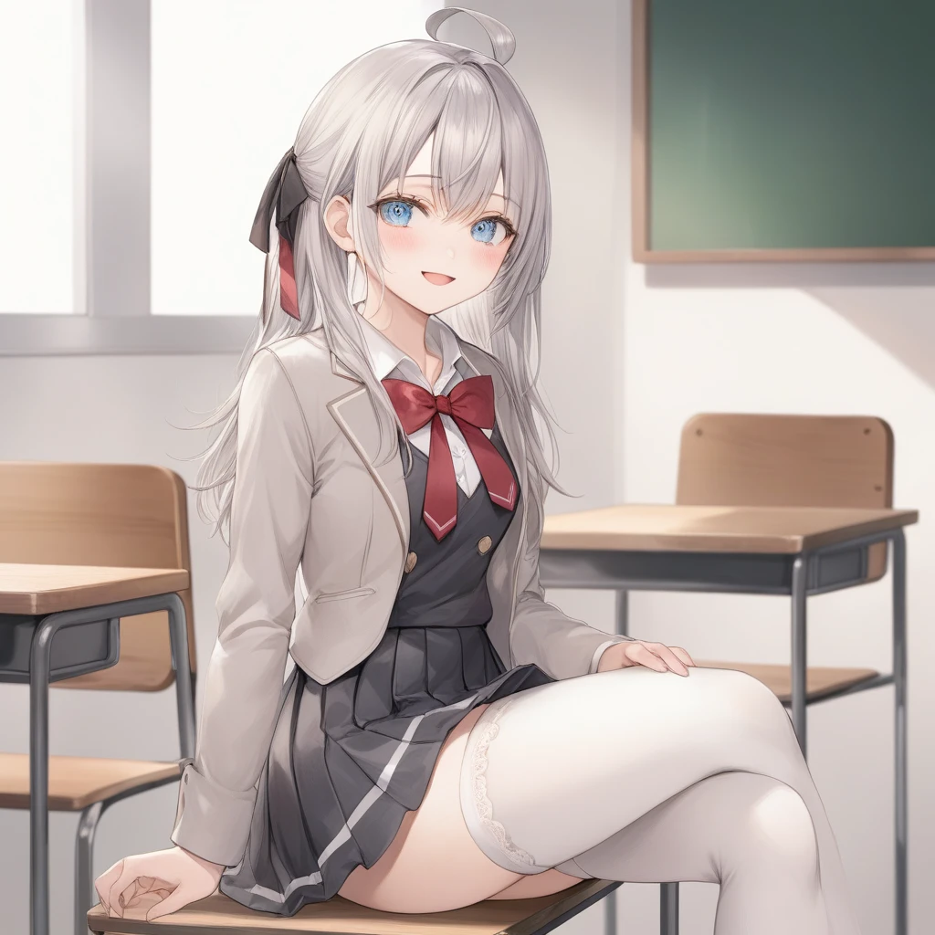 ((best quality, high resolution)), (delicate illustration), (pastelcolor:0.6), (watercolor:0.3), ((beautiful:1.3)), 4k,
1 girl, tareme, cute, (happy), long hair, blue eyes, grey hair, hair between eyes, bangs, ahoge, , open jacket, collared shirt, red bow, long sleeves, pleated skirt, hair ribbon, red bowtie, white shirt, beige blazer, ((White thighhighs:1.5)),zettai ryouiki, (lift skirt), (()), (((Well designed White Lace panties))), Long Hair with Feathered Ends, (cowboy shot), in the classroom,