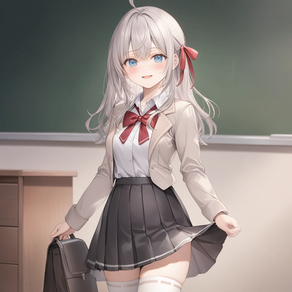 ((best quality, high resolution)), (delicate illustration), (pastelcolor:0.6), (watercolor:0.3), ((beautiful:1.3)), 4k,

1 girl, tareme, cute, (happy), long hair, blue eyes, grey hair, hair between eyes, bangs, ahoge, , open jacket, collared shirt, red bow, long sleeves, pleated skirt, hair ribbon, red bowtie, white shirt, beige blazer, ((White thighhighs:1.5)),zettai ryouiki, (lift skirt), (()), (((Well designed White Lace panties))), Long Hair with Feathered Ends, (cowboy shot), in the classroom, 