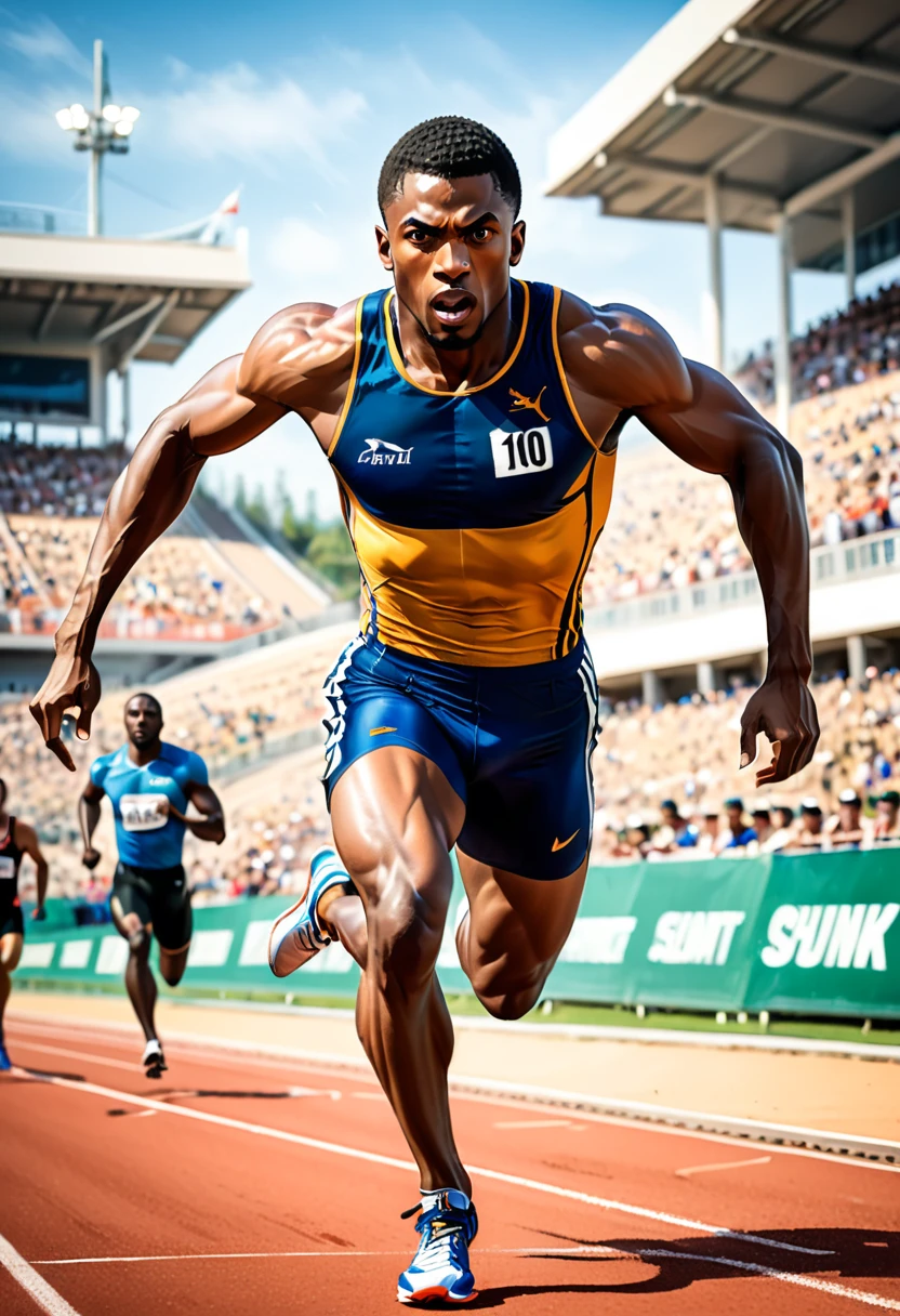 (Athlete), athlete in the 100 meter sprint is sprinting at full force on the track, with a determined expression on their face. The background is about to cross the finish line, full body, (Photography), panoramic view, award-winning, cinematic still, emotional, vignette, dynamic, vivid, (masterpiece, best quality, Professional, perfect composition, very aesthetic, absurdres, ultra-detailed, intricate details:1.3)