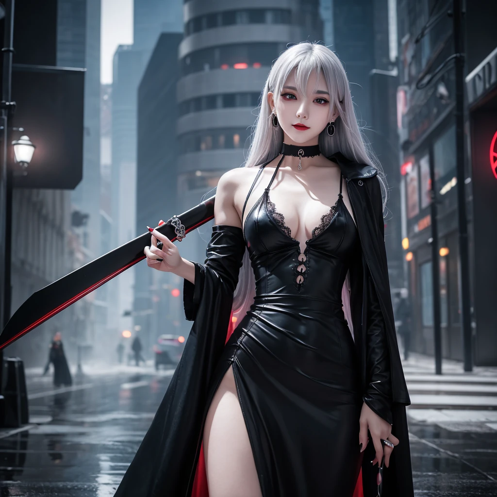 Alone woman Silver hair color Crimson Eyes Smile elegant choker Earrings Gothic (black) nail Grim Reaper Giant Scythe(black)Carrying Detailed Background masterpiece Curvy body Accurate human body Accurate 5-finger High contrast 4K Exquisite lighting and shadows Cinema Lens Effects Vibrant colors Cyberpunk City Wet day Angle of view that reflects the whole body