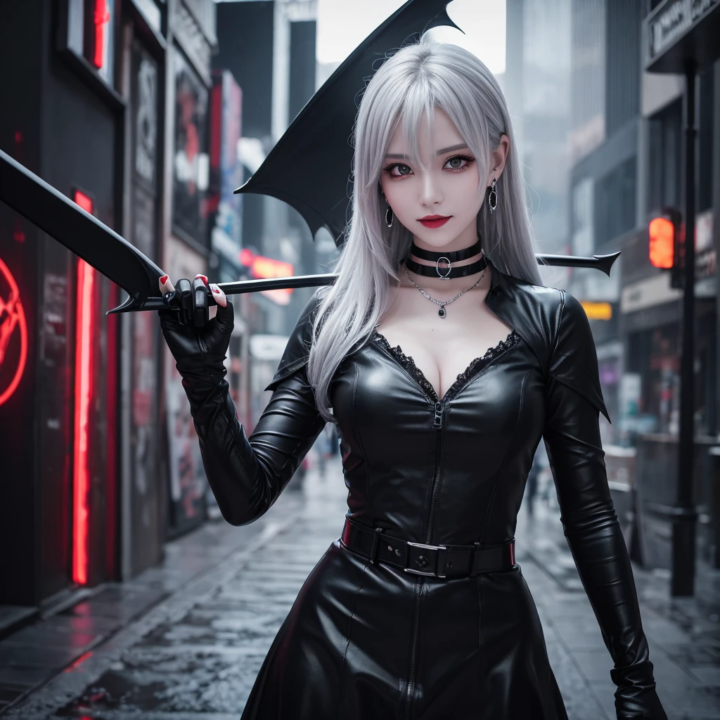 Alone woman Silver hair color Crimson Eyes Smile elegant choker Earrings Gothic ta(black) nail Grim Reaper Giant Scythe(black)Carrying Detailed Background masterpiece Curvy body Accurate human body Accurate 5-finger High contrast 4K Exquisite lighting and shadows Cinema Lens Effects Vibrant colors Cyberpunk City Wet day Angle of view that reflects the whole body