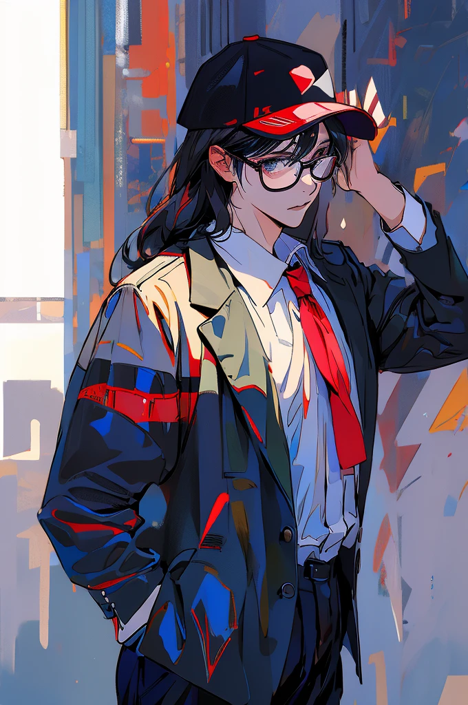 Young guy, black shorts hair, eyes gray, glasses, black Fedora hat, black suit, black pants, pocket clock, strong