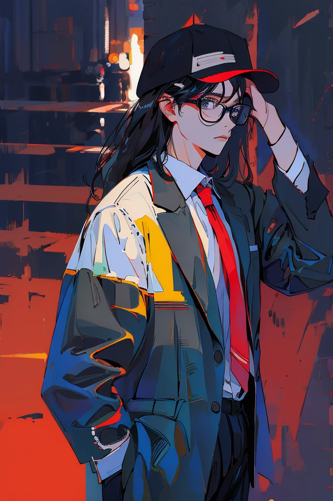 Young guy, black shorts hair, eyes gray, glasses, black Fedora hat, black suit, black pants, pocket clock, strong