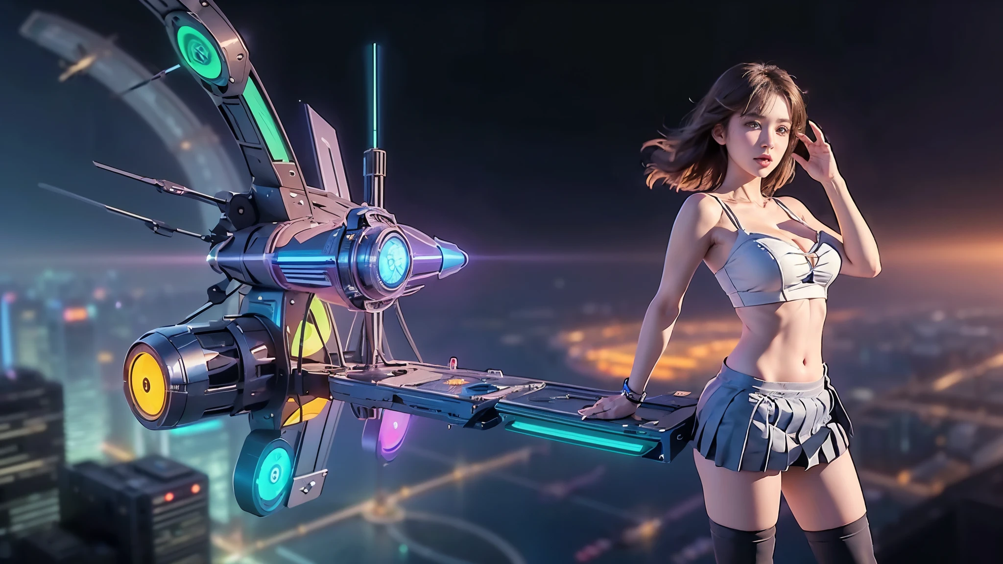 At night, (((aerial view of futuristic sci-fi cyberpunk city, skyscrapers, (((flying cars))), (vortex-spirit-spreading giant hologram (((clock tower))) as time machine), high quality))). Matrix style, (1girl, solo), photo realistic, (((large-breast:1.2 slim body, cleavage:1.3, perfect face, tube top, short pleated (((miniskirt)))))), (((((matrix style black (sunglasses), aiming at viewer with a (mini rifle):0.3))))), (((dynamic pose, half-body (thigh level) medium shot))), cinematic lighting.