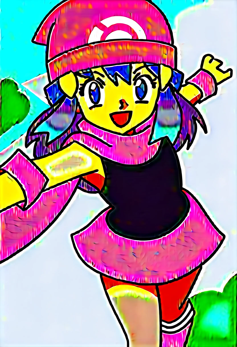 score_9, score_8_up, score_7_up, source anime, anime, animification, anime screencap, anime coloring, vivid colors, shiny skin, skindentation, deep skin, depth of field, high quality, highres, (dynamic angle,dynamic pose), dawncheerxl, 1girl, solo, long hair, looking at viewer, smile, open mouth, blue eyes,beanie, black sleeveless shirt, pink scarf, pink skirt, pink boots,outdoors, hair ornament, sky, holding, blue hair, :d, sidelocks, tongue, socks, hairclip, eyelashes , dawn \(pokemon\) BREAK masterpiece,high quality