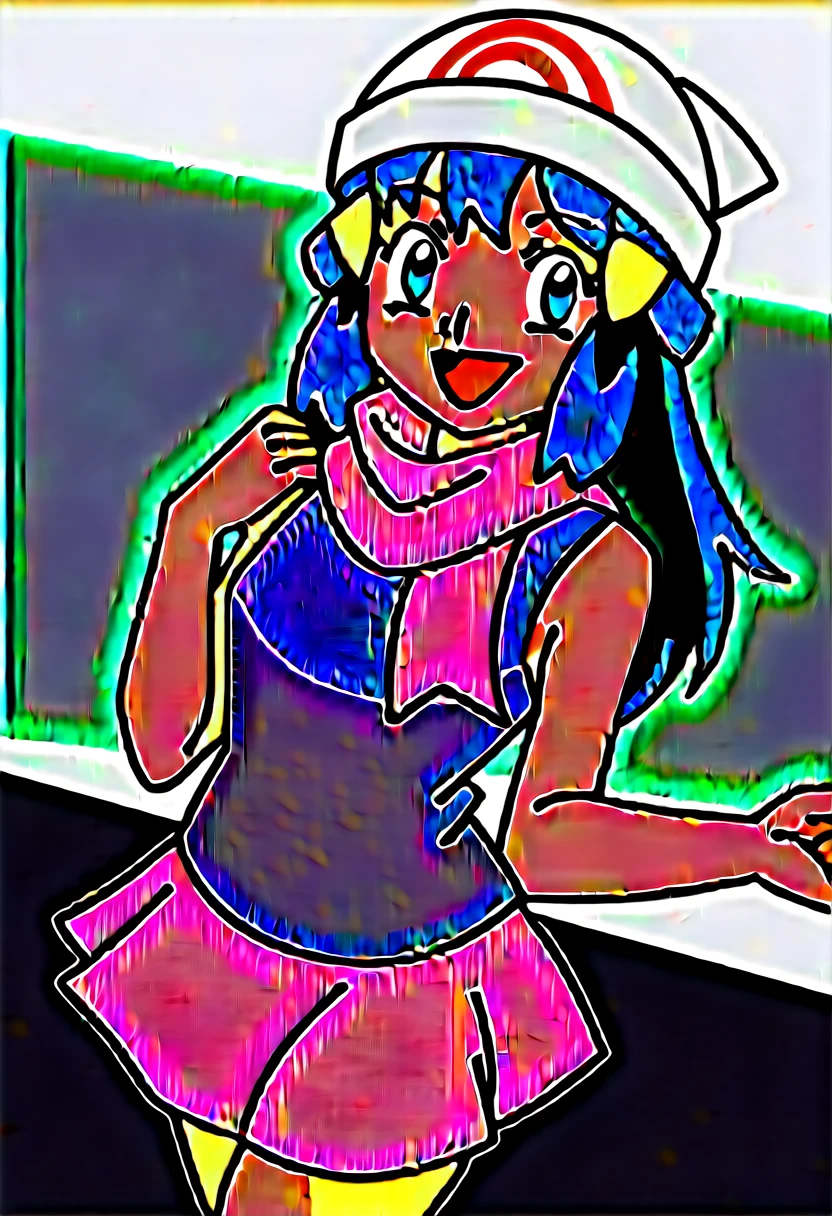 score_9, score_8_up, score_7_up, source anime, anime, animification, anime screencap, anime coloring, vivid colors, shiny skin, skindentation, deep skin, depth of field, high quality, highres, (dynamic angle,dynamic pose), dawncheerxl, 1girl, solo, long hair, looking at viewer, smile, open mouth, blue eyes,beanie, black sleeveless shirt, pink scarf, pink skirt, pink boots,outdoors, hair ornament, sky, holding, blue hair, :d, sidelocks, tongue, socks, hairclip, eyelashes , dawn \(pokemon\) BREAK masterpiece,high quality