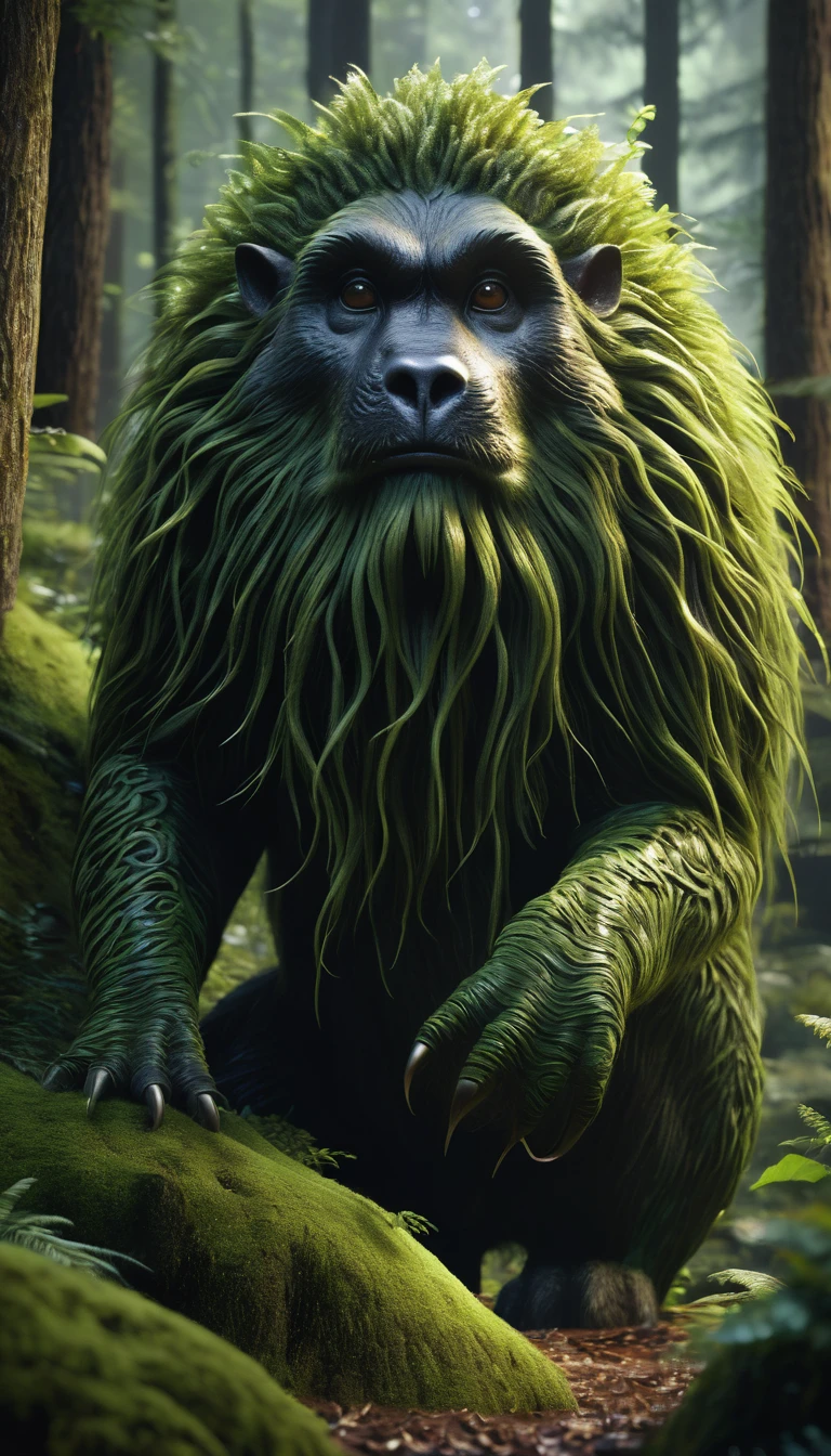 There is a creature in the forest,Human-like appearance,Full of hair(best quality,4K,8K,High level,masterpiece:1.2),Ultra Detailed,(lifelike,Photo real,Photo real:1.37),Highly detailed animals,Complex patterns,Realistic lighting,Fantasy Creatures