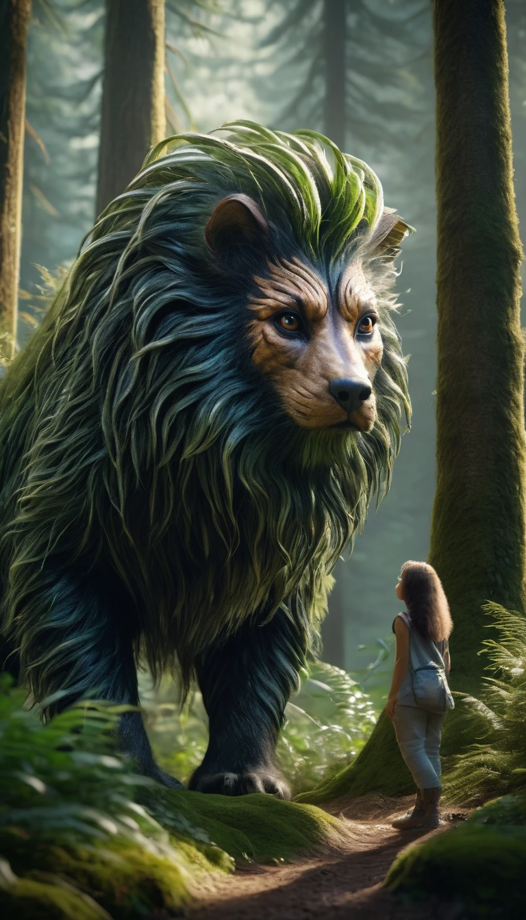 Panoramic front view,There is a creature in the forest,Human-like appearance,Full of hair(best quality,4K,8K,High level,masterpiece:1.2),Ultra Detailed,(lifelike,Photo real,Photo real:1.37),Highly detailed animals,Complex patterns,Realistic lighting,Fantasy Creatures