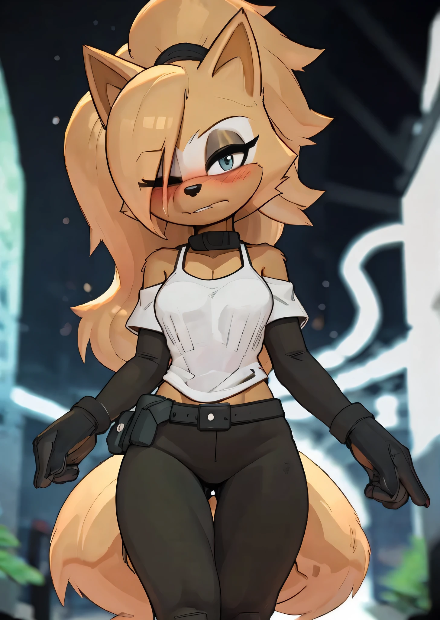 [whisper the wolf], [sonic the hedgehog], [Uploaded to e621.net; (Pixelsketcher), (wamudraws), (napalm_express)), ((masterpiece)), ((HD)), ((solo portrait)), ((front view)), ((low angle view)), ((waist up)), ((detailed fur)), ((detailed shading)), ((cel shading)), ((beautiful render art)), ((intricate details)), {anthro, (slim figure), (beige fur), black nose, (wolf ears), (both eyes closed), (dark brown eyeshadow), long eyelashes, (long blonde ponytail), (fluffy wolf tail), (sharp black claws), (curvy hips), (beautiful legs), (blushing), (nervous expression)}, {(white short sleeve off-shoulder tee shirt), (small of back visible), (lowrise black yoga pants)}, {(standing), (looking at viewer)}, [ambient lighting, park, sun rays, sunrise]