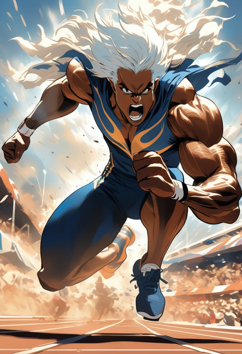 (Athlete), athlete in the 100 meter sprint is sprinting at full force on the track, with a determined expression on their face. The background is about to cross the finish line, full body, (Photography), panoramic view, award-winning, cinematic still, emotional, vignette, dynamic, vivid, (masterpiece, best quality, Professional, perfect composition, very aesthetic, absurdres, ultra-detailed, intricate details:1.3)