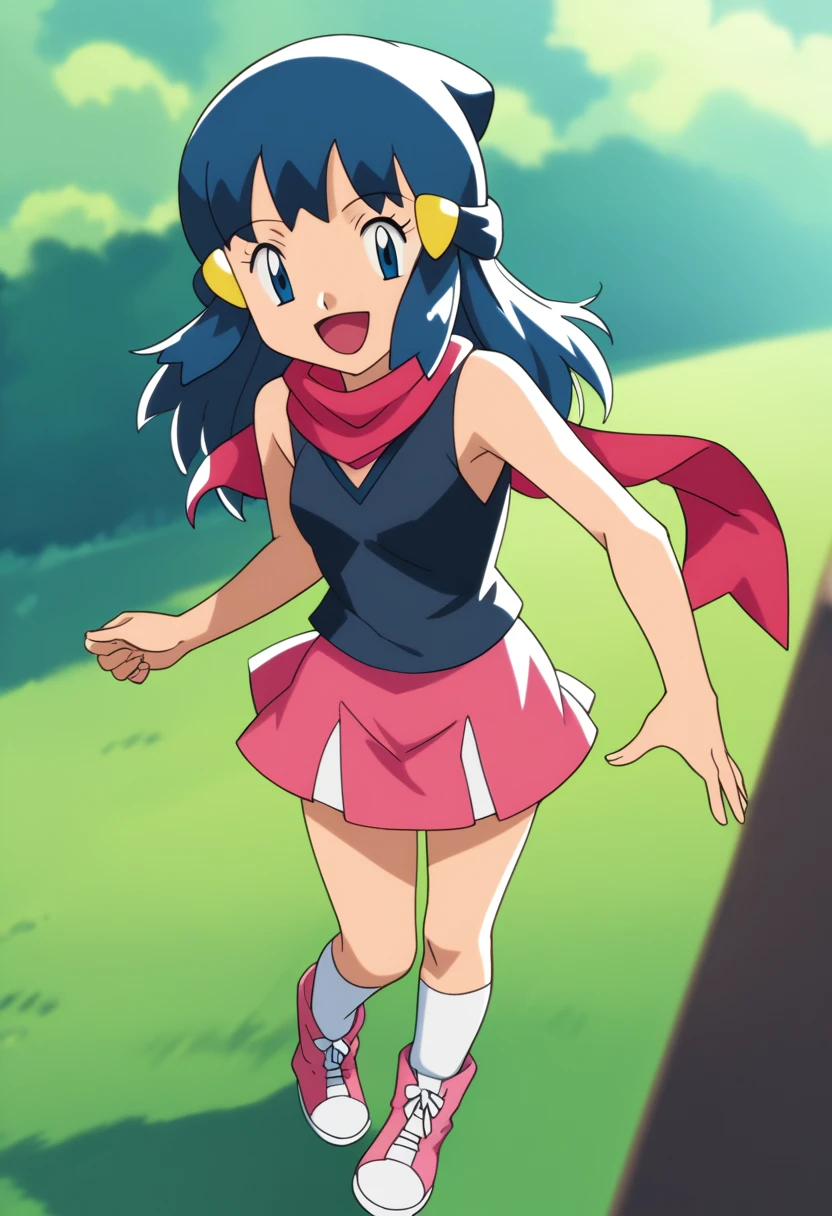 score_9, score_8_up, score_7_up, source anime, anime, animification, anime screencap, anime coloring, vivid colors, shiny skin, skindentation, deep skin, depth of field, high quality, highres, (dynamic angle,dynamic pose), dawncheerxl, 1girl, solo, long hair, looking at viewer, smile, open mouth, blue eyes,beanie, black sleeveless shirt, pink scarf, pink skirt, pink boots,outdoors, hair ornament, sky, holding, blue hair, :d, sidelocks, tongue, socks, hairclip, eyelashes , dawn \(pokemon\) BREAK masterpiece,high quality