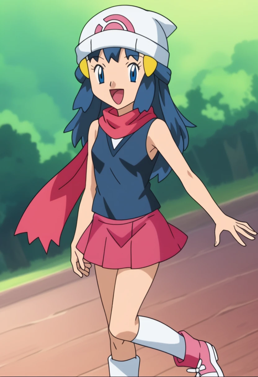 score_9, score_8_up, score_7_up, source anime, anime, animification, anime screencap, anime coloring, vivid colors, shiny skin, skindentation, deep skin, depth of field, high quality, highres, (dynamic angle,dynamic pose), dawncheerxl, 1girl, solo, long hair, looking at viewer, smile, open mouth, blue eyes,beanie, black sleeveless shirt, pink scarf, pink skirt, pink boots,outdoors, hair ornament, sky, holding, blue hair, :d, sidelocks, tongue, socks, hairclip, eyelashes , dawn \(pokemon\) BREAK masterpiece,high quality