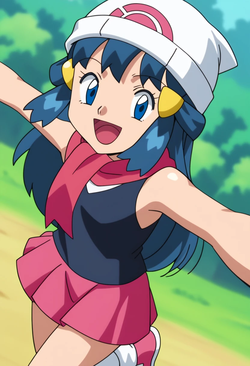 score_9, score_8_up, score_7_up, source anime, anime, animification, anime screencap, anime coloring, vivid colors, shiny skin, skindentation, deep skin, depth of field, high quality, highres, (dynamic angle,dynamic pose), dawncheerxl, 1girl, solo, long hair, looking at viewer, smile, open mouth, blue eyes,beanie, black sleeveless shirt, pink scarf, pink skirt, pink boots,outdoors, hair ornament, sky, holding, blue hair, :d, sidelocks, tongue, socks, hairclip, eyelashes , dawn \(pokemon\) BREAK masterpiece,high quality