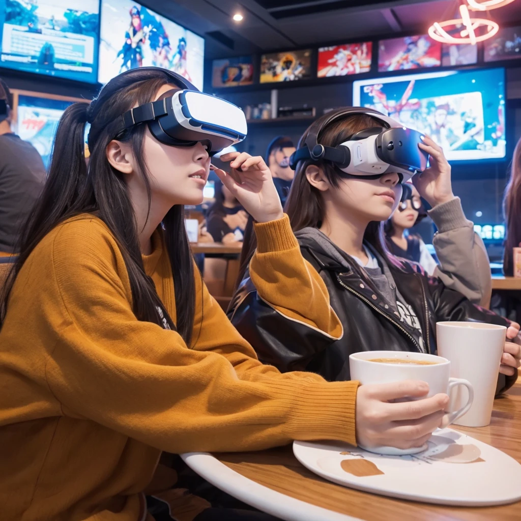 Draw an illustration of someone wearing VR goggles watching 3D anime characters in a cafe.