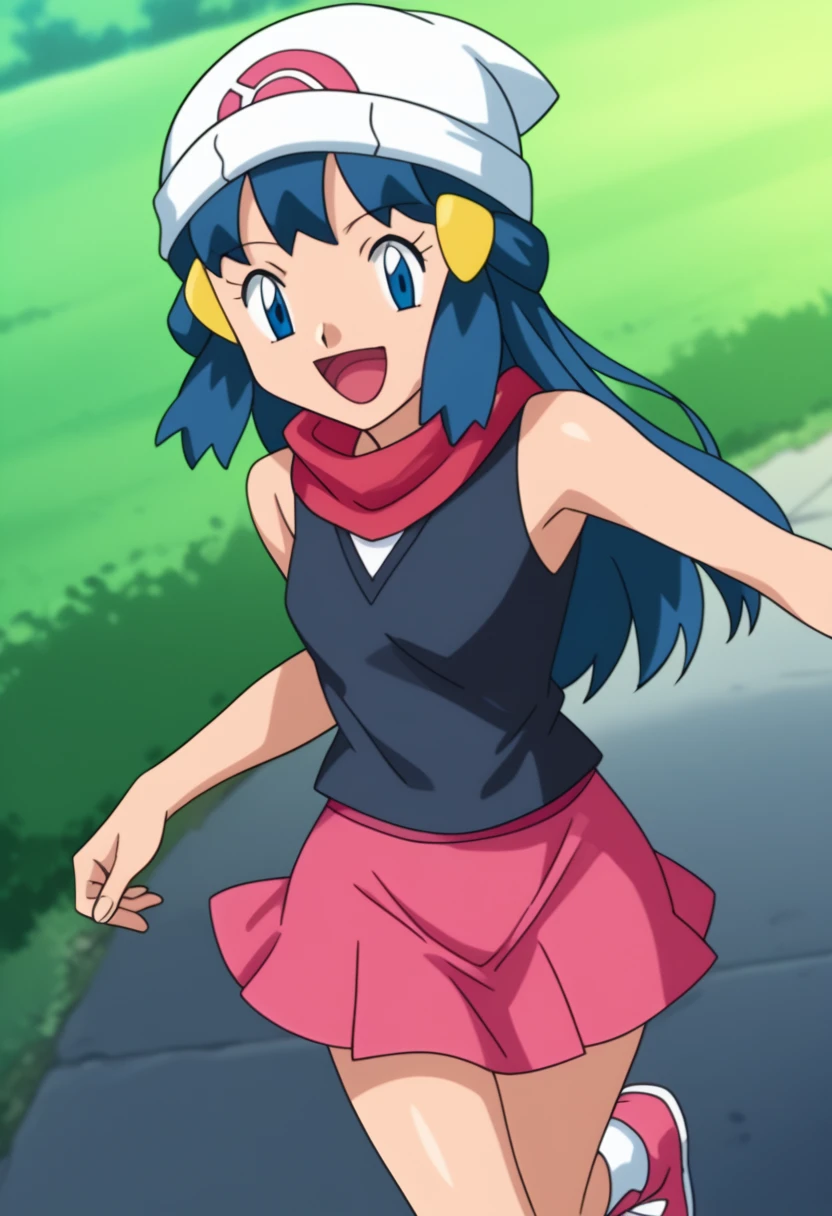 score_9, score_8_up, score_7_up, source anime, anime, animification, anime screencap, anime coloring, vivid colors, shiny skin, skindentation, deep skin, depth of field, high quality, highres, (dynamic angle,dynamic pose), dawncheerxl, 1girl, solo, long hair, looking at viewer, smile, open mouth, blue eyes,beanie, black sleeveless shirt, pink scarf, pink skirt, pink boots,outdoors, hair ornament, sky, holding, blue hair, :d, sidelocks, tongue, socks, hairclip, eyelashes , dawn \(pokemon\) BREAK masterpiece,high quality