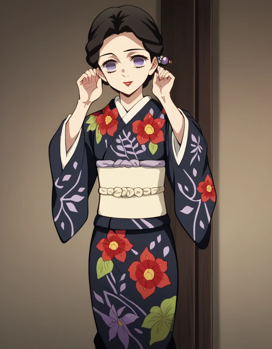 score_9, score_8_up, score_7_up, source_anime,
knytamayo, tamayo, black hair, hair ornament, purple eyes, empty eyes, short hair, makeup, lipstick, red lips,
long sleeves, flower, japanese clothes, wide sleeves, kimono, sash, obi, floral print, print kimono, black kimono,
smile,
solo, looking at viewer, cowboy shot, dutch angle, full body, standing, idle, hands up