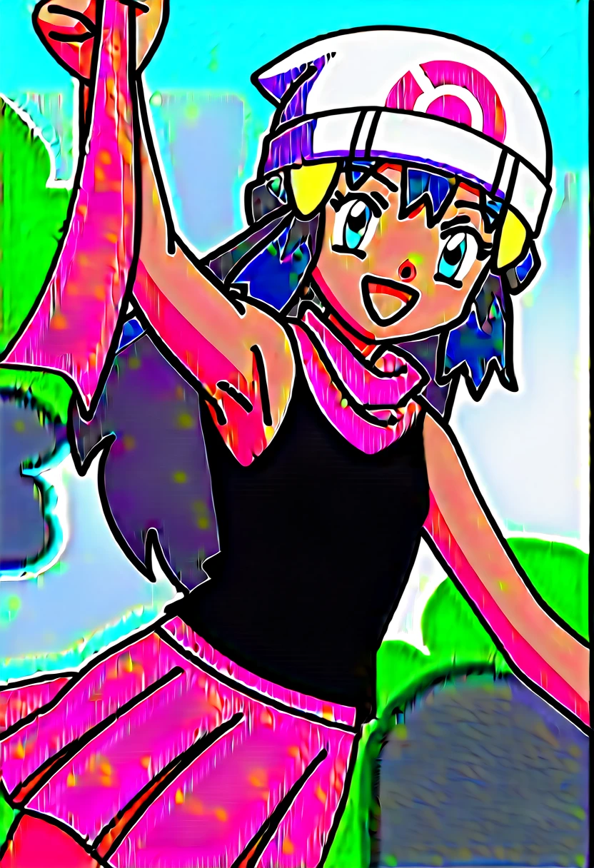 score_9, score_8_up, score_7_up, source anime, anime, animification, anime screencap, anime coloring, vivid colors, shiny skin, skindentation, deep skin, depth of field, high quality, highres, (dynamic angle,dynamic pose), dawncheerxl, 1girl, solo, long hair, looking at viewer, smile, open mouth, blue eyes,beanie, black sleeveless shirt, pink scarf, pink skirt, pink boots,outdoors, hair ornament, sky, holding, blue hair, :d, sidelocks, tongue, socks, hairclip, eyelashes , dawn \(pokemon\) BREAK masterpiece,high quality