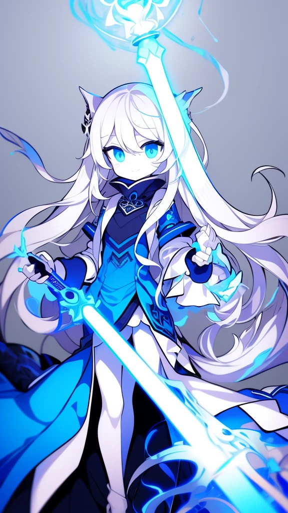  girl，k hd，4K，face expressionless，style of anime，sideface，blue color eyes，white color hair,((full body)),Confused eyes,(default character)SD character, masterpiece,best quality,ultra detailed,4K,super fine illustration,highly detailed beautiful face and eyes,cyan color scheme, lighting,fantasy,extremely solemn atmosphere,long hair,floating hair,smirk,fighting stance,dynamic pose,(holding glowing sword:1.3),particle light,luminescence,plasma,electric current,blue flame,sense of depth,dynamic angle,