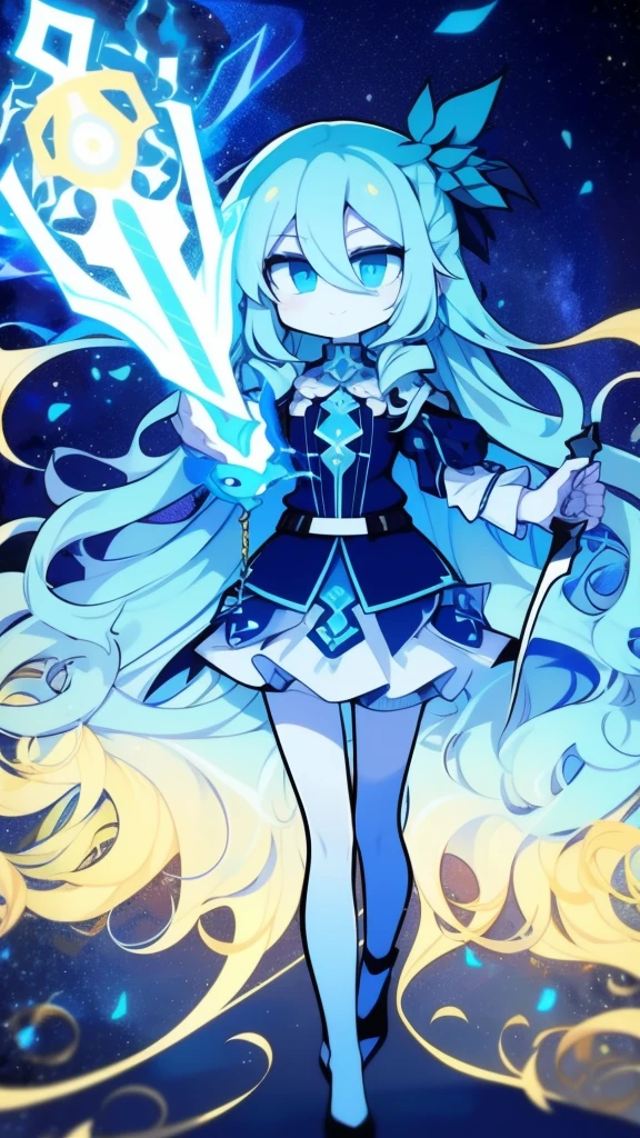  girl，k hd，4K，face expressionless，style of anime，sideface，blue color eyes，white color hair,((full body)),Confused eyes,(default character)SD character, masterpiece,best quality,ultra detailed,4K,super fine illustration,highly detailed beautiful face and eyes,cyan color scheme, lighting,fantasy,extremely solemn atmosphere,long hair,floating hair,smirk,fighting stance,dynamic pose,(holding glowing sword:1.3),particle light,luminescence,plasma,electric current,blue flame,sense of depth,dynamic angle,