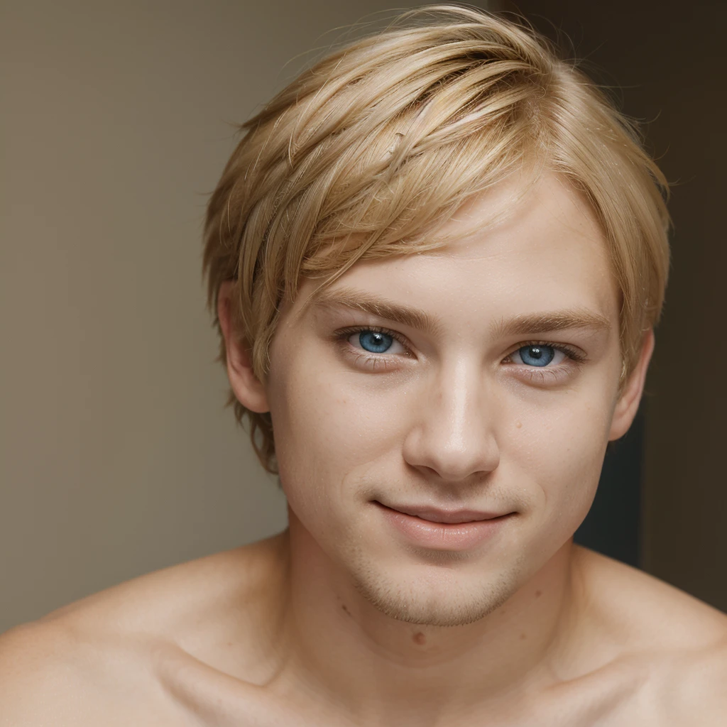 color portrait , beautiful 28 year old man , blond hair , short hair , hairstyle hair , White skin ,blue eyes ,looking at the camera smiling.