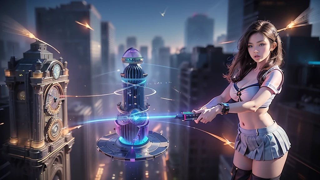At night, (((aerial view of futuristic sci-fi cyberpunk city, skyscrapers, (((flying cars))), (vortex-spirit-spreading giant hologram (((clock tower))) as time machine), high quality))). Matrix style, (1girl, solo), photo realistic, (((large-breast:1.2 slim body, cleavage:1.3, perfect face, tube top, short pleated (((miniskirt)))))), (((((matrix style black (sunglasses), aiming at viewer with a (mini rifle):0.3))))), (((dynamic pose, half-body (thigh level) medium shot))), cinematic lighting.