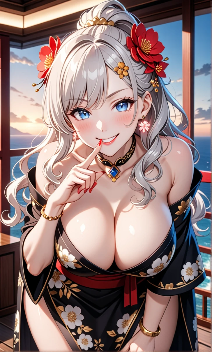 ultra-detailed, ((one girl)), (pale skin:1.5), in pastel colors girl, hyper detailed, absurdres, 8K, fair skin, Beautiful Face, (Laugh shyly), ((teasing smile:1.8)), ((Wink:1.7)), (Laugh with your mouth wide open),((Tilt your head:1.6)), View your viewers, ((Bright red cheeks:1.6)),Glossy Red Lips, ((Big Breasts:1.5)), ((show off breast:1.4)), ((erect nipples)), night,firework, Observation deck with ocean view, (Brighten your face), ((Anime style background)),masterpiece, Highest quality, so beautiful,Latest, Complex details, (Pink long nails), (nail art), (ring),(bracelet), (Floral Choker),AI-generated, Complex,High resolution, Highest quality, super high quality,3D Images、3D Images,One person,long white hair,(High Ponytail), (wavy hair:1.3), Monotone anime woman posing for a photo, ((Fine grain、blue eyes、glowing eyes:1.4)), (Squint your eyes:1.1),a hyperRealistic , hyperRealistic , Realistic,Anime woman with long white, Smooth anime CG art, A girl in a gorgeous black kimono, Gold embroidery, ((black furisode)),(Large floral pattern) , ((undressing)), Long flower hair ornament,Floral Earrings,Mature Body, tall,Abdominal muscles,Narrow waist, ((leaning forward:1.6)), ((put index finger on mouth:1.5)), (front view),