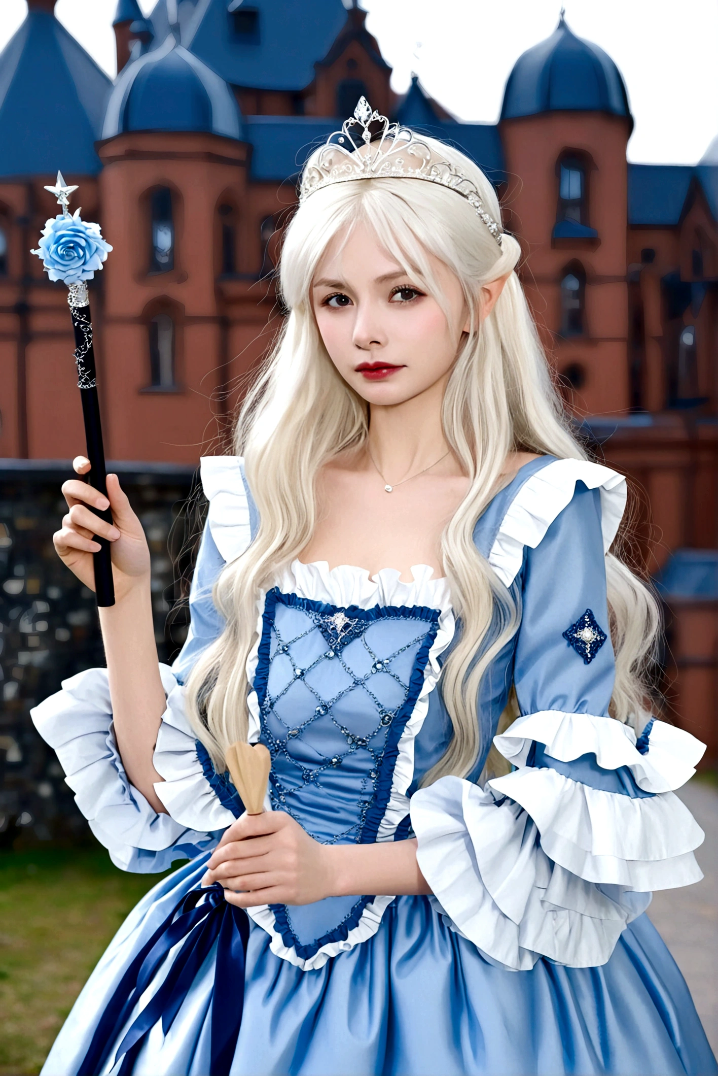 1girl, long hair, blonde hair, dress, holding, white hair, outdoors, frills, solo focus, blurry, blue dress, tiara, realistic, wand, holding wand