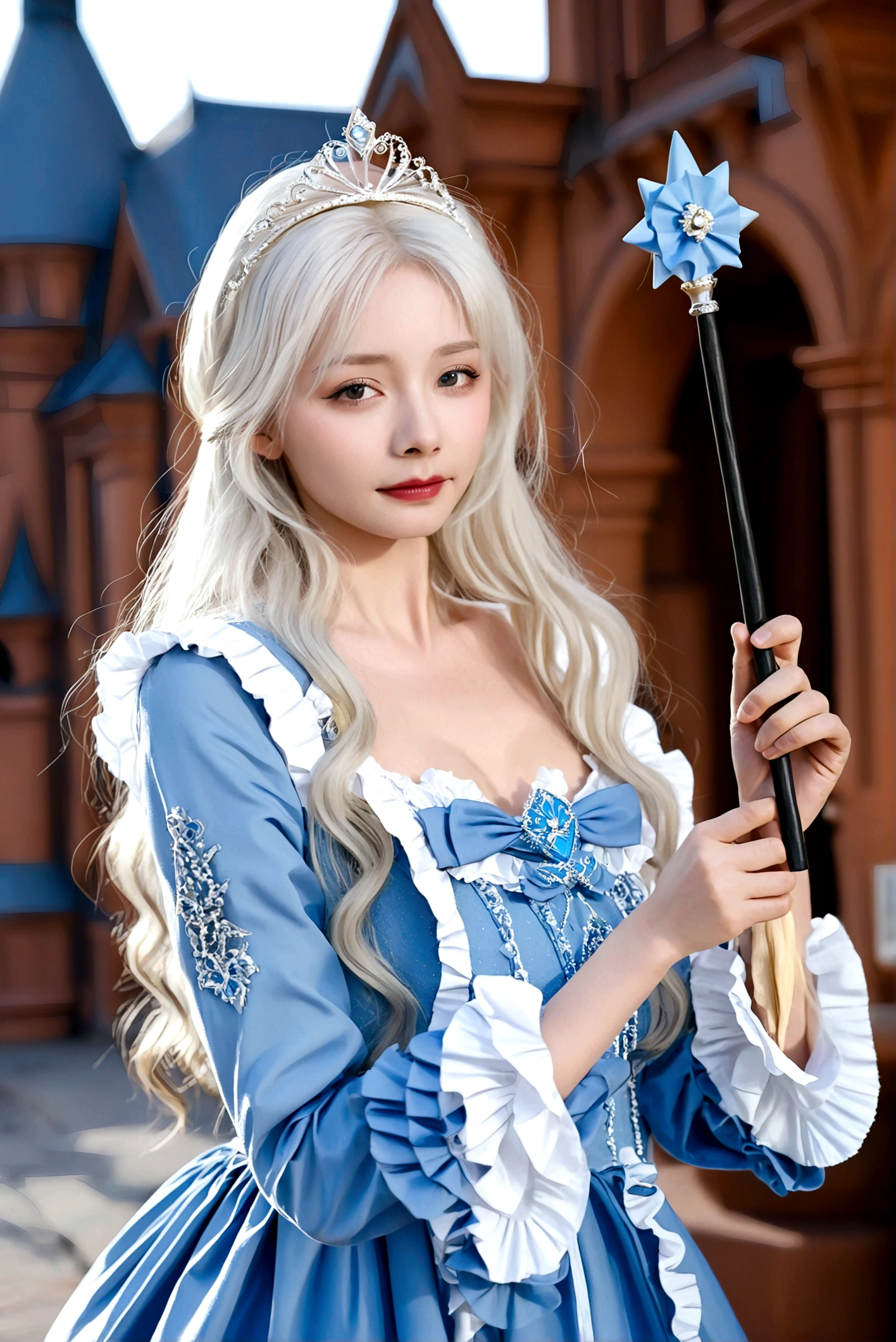 1girl, long hair, blonde hair, dress, holding, white hair, outdoors, frills, solo focus, blurry, blue dress, tiara, realistic, wand, holding wand