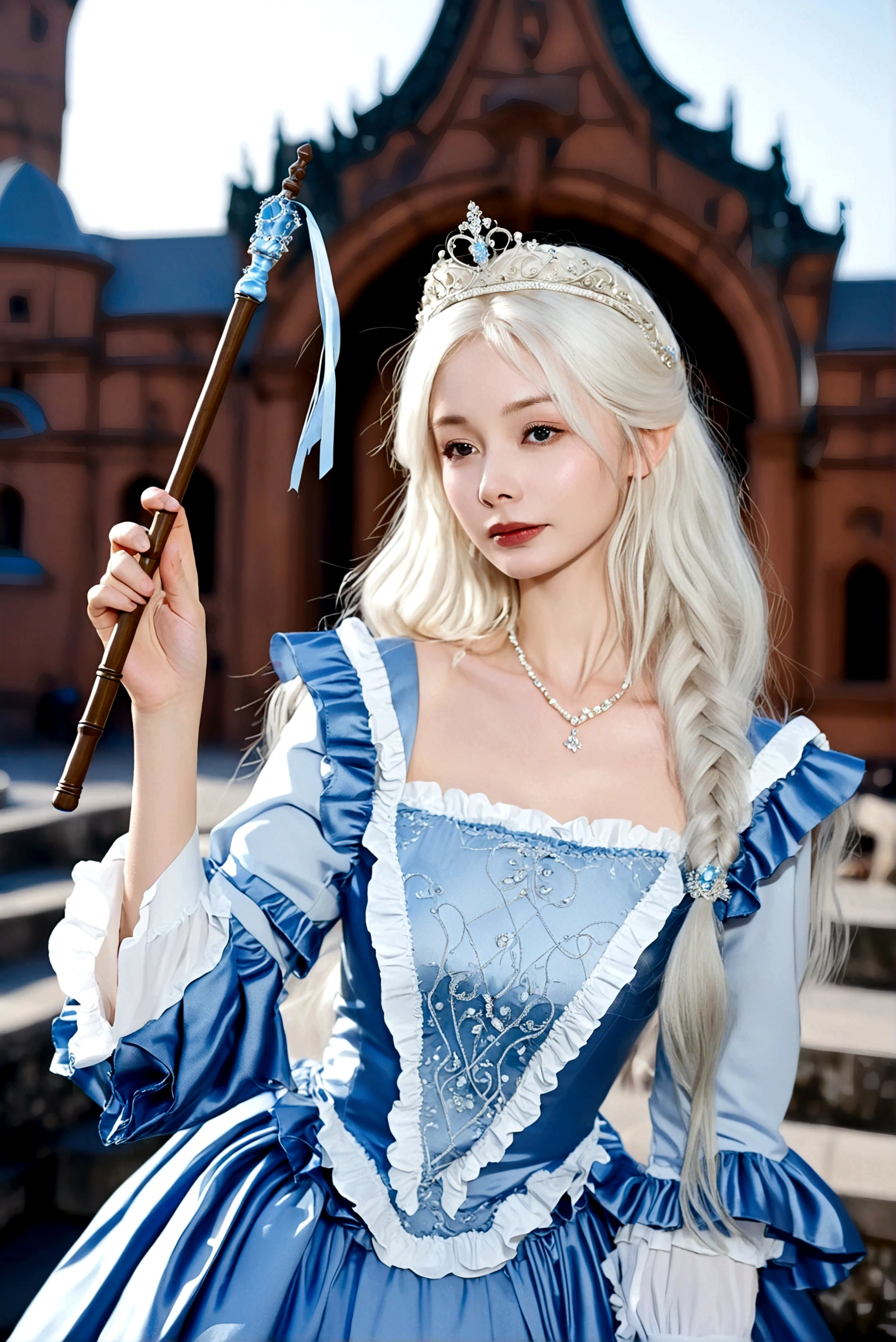 1girl, long hair, blonde hair, dress, holding, white hair, outdoors, frills, solo focus, blurry, blue dress, tiara, realistic, wand, holding wand