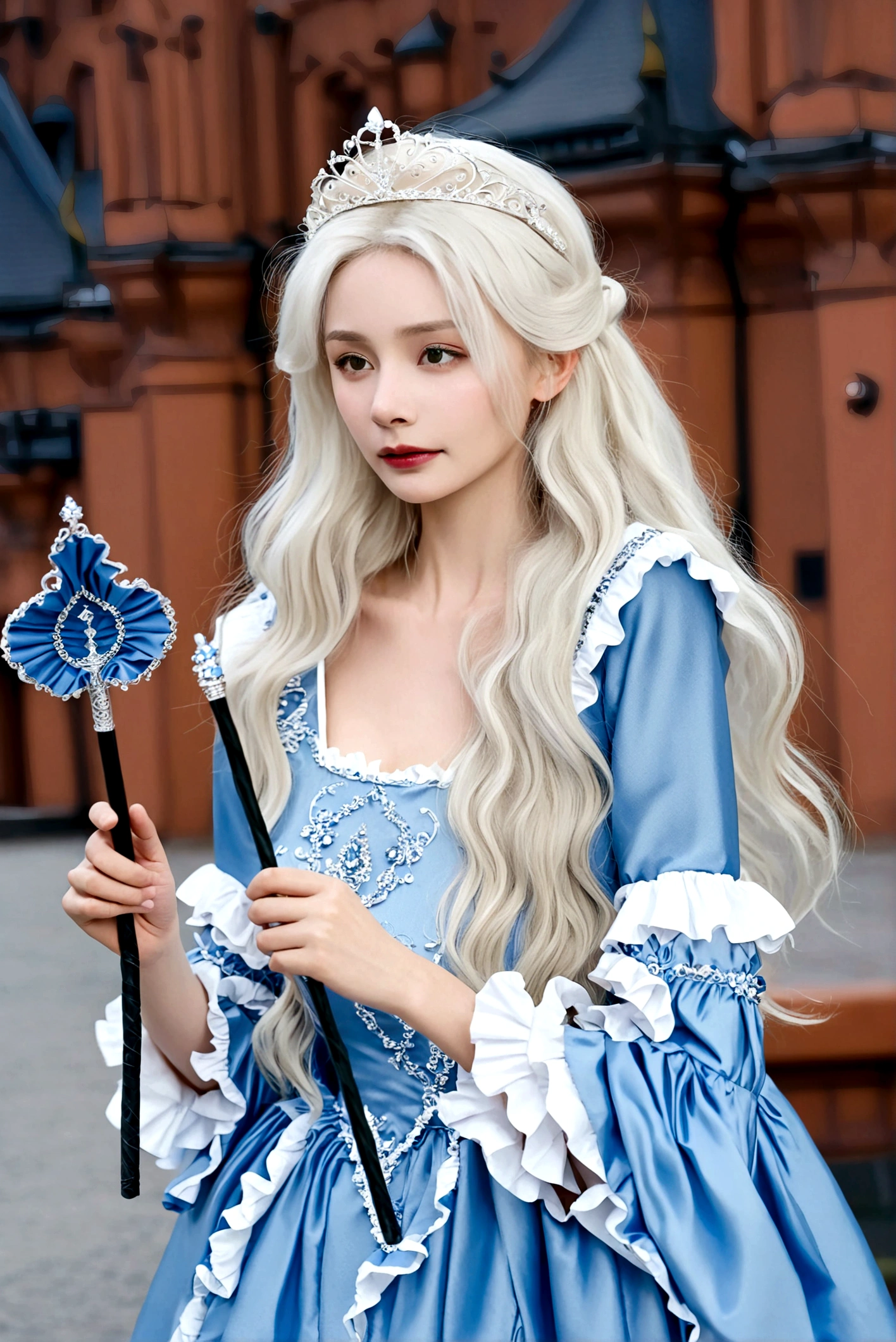 1girl, long hair, blonde hair, dress, holding, white hair, outdoors, frills, solo focus, blurry, blue dress, tiara, realistic, wand, holding wand