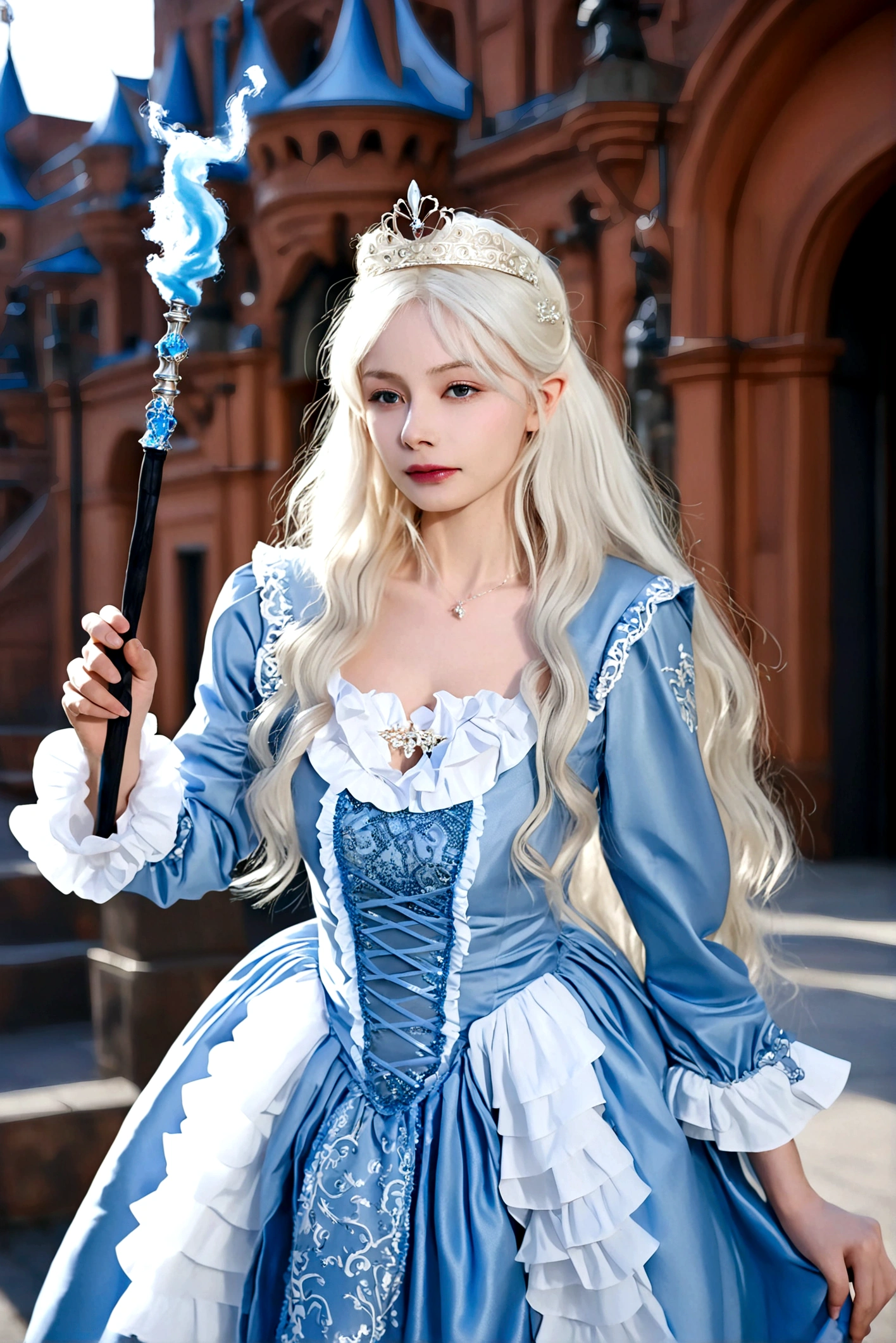 1girl, long hair, blonde hair, dress, holding, white hair, outdoors, frills, solo focus, blurry, blue dress, tiara, realistic, wand, holding wand