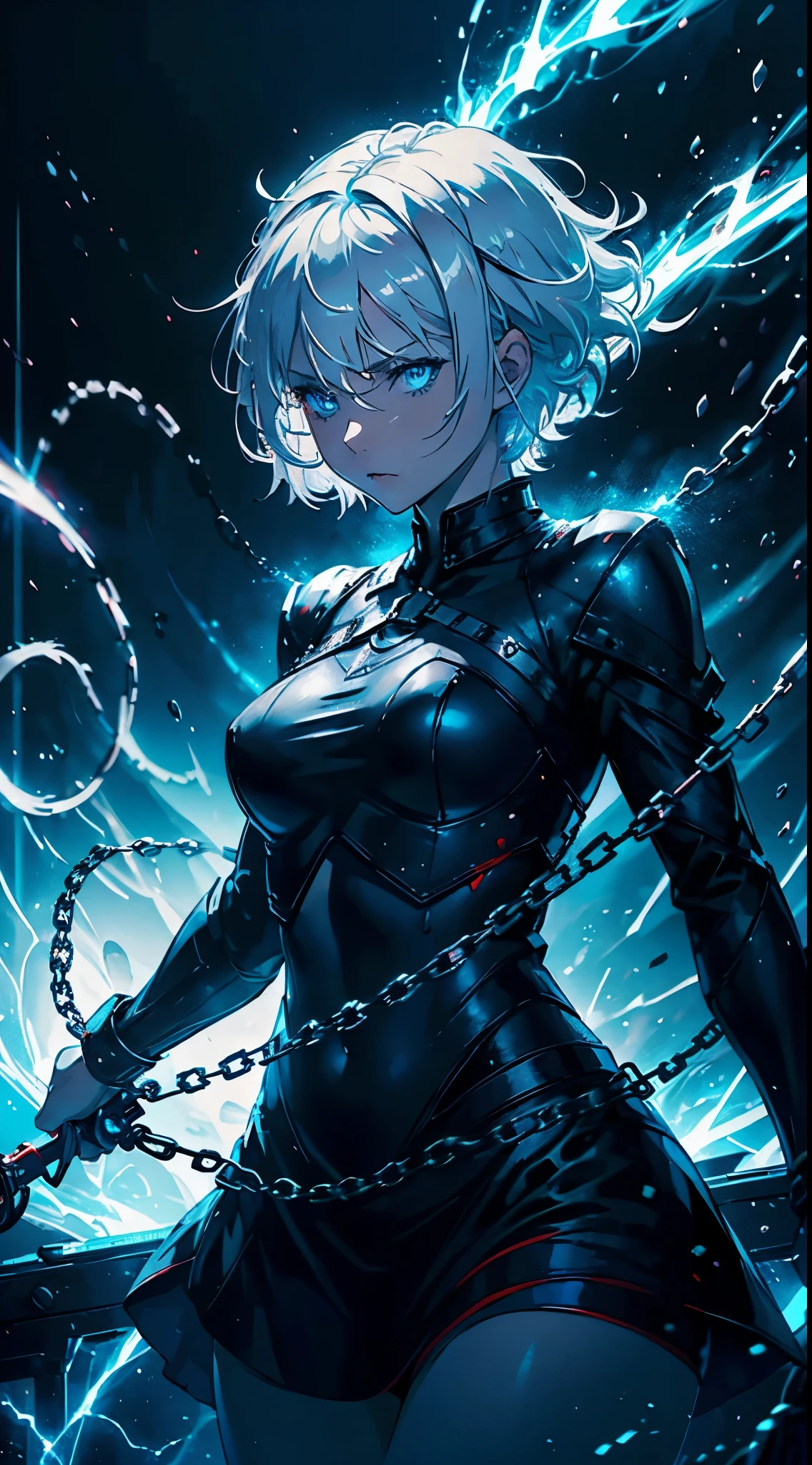 Girl,white hair,short and messy hair, blue eyes, Holding a chain whip, red , living room background.HD lighting and dark )(epic image quality) dark atmosphere with bright particle light(many effects in background)