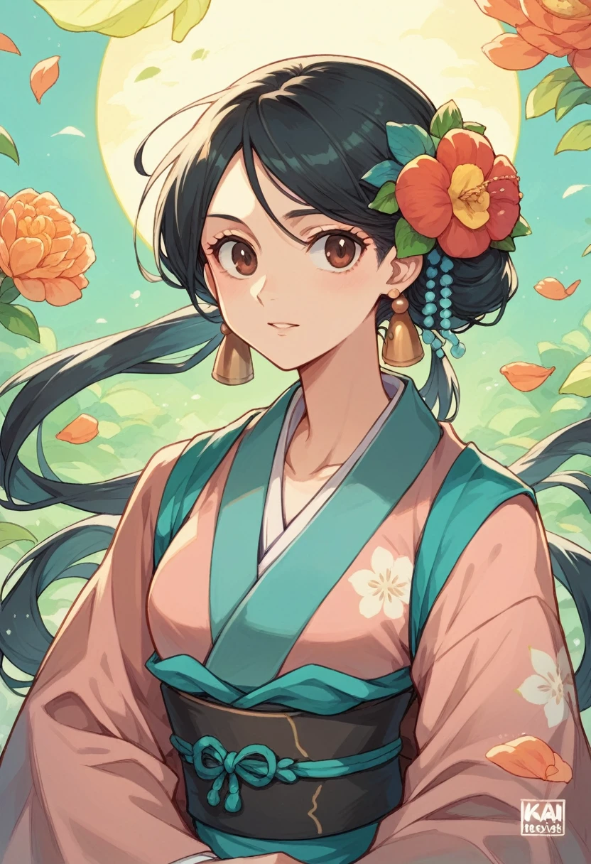 A princess named Kaori movie logo text Kaori beautiful Ghibli type princess with kimono made pretty jasmine flowers